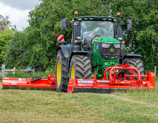 maschio 2.8m buffalo front mounted and offset 2.6m side arm flail rear mounted on a john deere tractor cutting grass