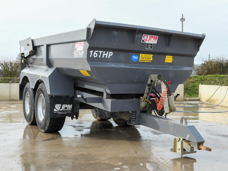 2023 Grey 16t JPM Halfpipe Dump Trailer on a wash bay