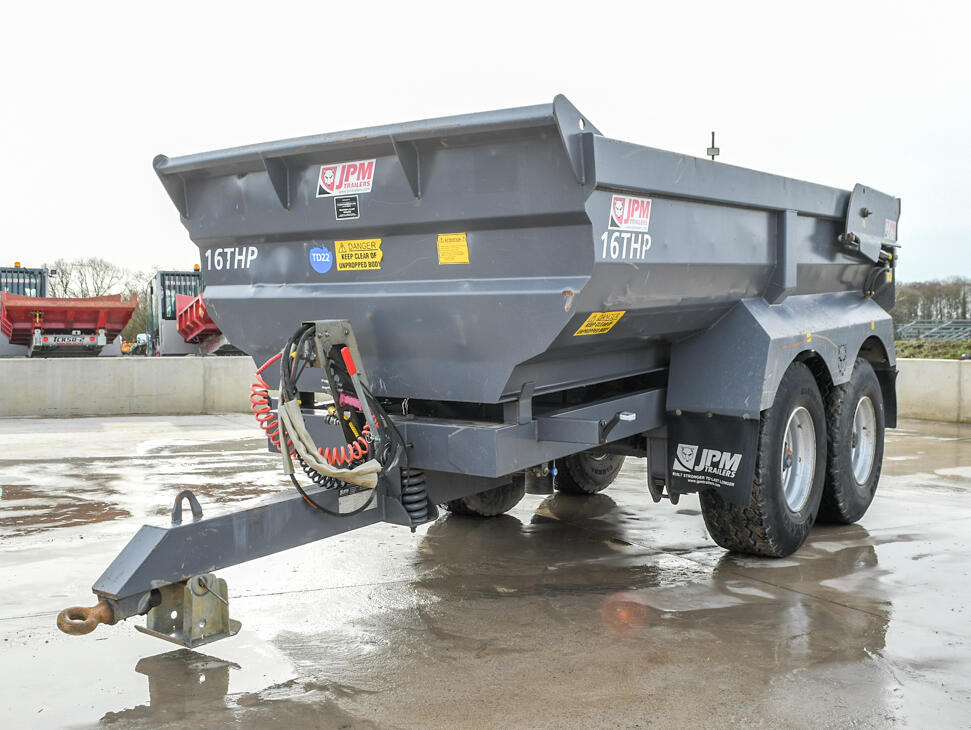 2023 Grey 16t JPM Halfpipe Dump Trailer on a wash bay